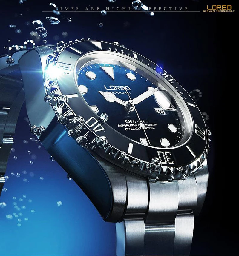 LOREO Sapphire Automatic Mechanical Watch Men Silver Stainless Steel Waterproof Blue Dial Watch Relogio Masculine