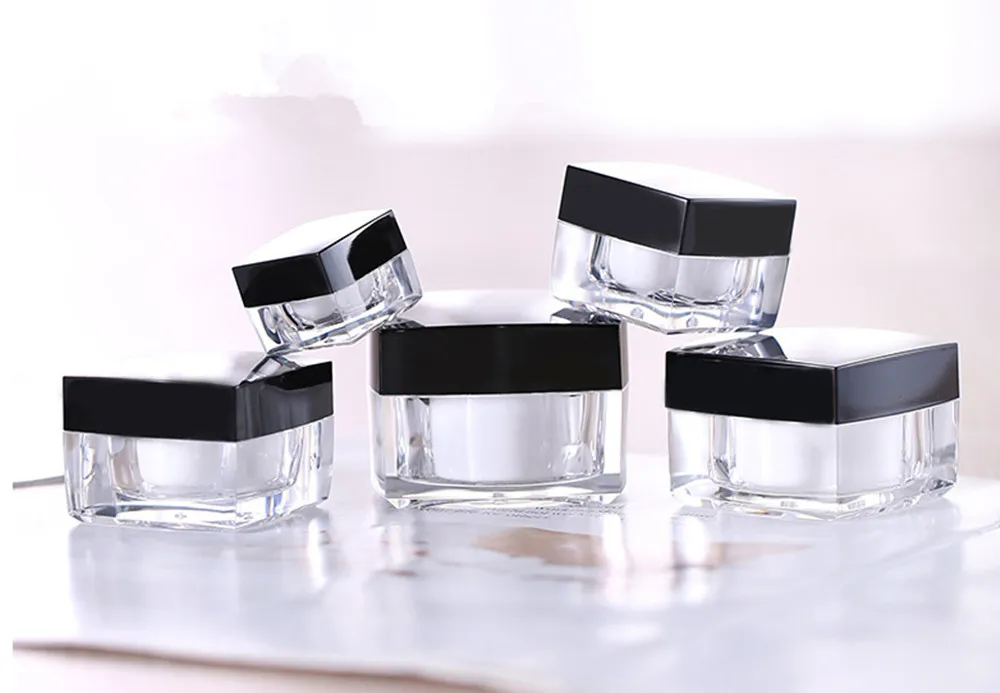 20 x 5g 10g 15g 30g 50g Portable Empty Transparent Square Acrylic Cream Jar With Black Plastic Lids Cosmetic Make Up Containers