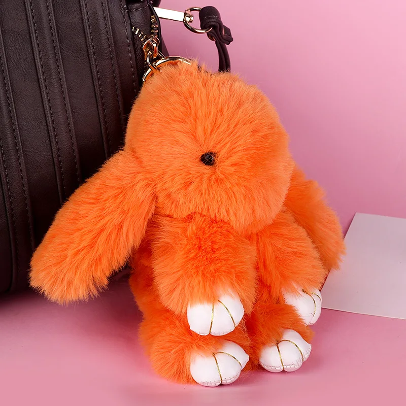 Mode 18CM Nette Pluff Hase Schlüsselbund Rex faux Kaninchen Fell pompon Schlüssel Kette Für Frauen Tasche Anhänger auto Flauschigen pelz Pom Pom Puppe