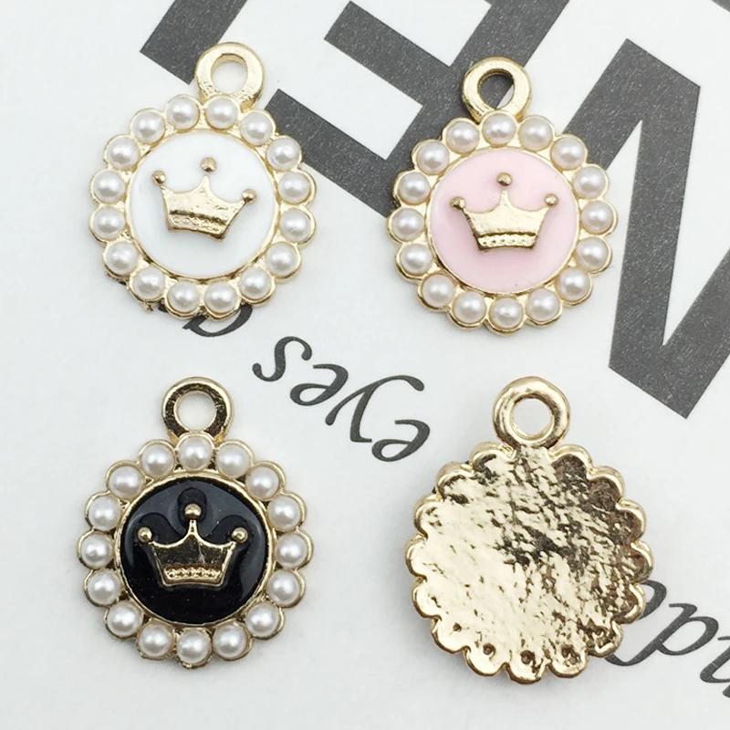 10pcs/pack 13*16mm Pearl Round Crown Enamel Charms Bracelet Pendant For DIY Handmade Earring Jewelry Golden-colour Finding YZ057