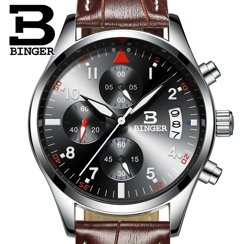 BINGER Brand Sport Men Watch Top Brand Luxury Male Leather Waterproof Chronograph Quartz Military Wrist Watch Men Clock Gift