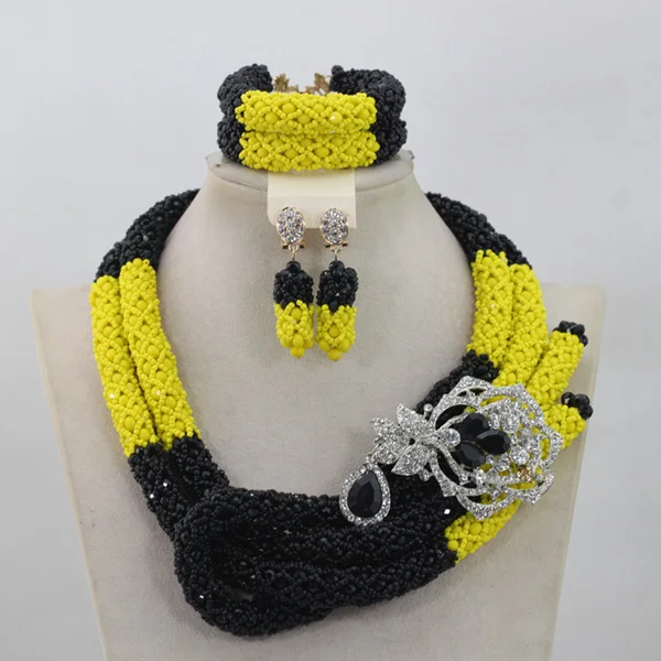 Yellow/Black African Beaded Jewelry Set Luxury Nigerian Wedding Bridal Crystal Beads Necklace Set Women Gift Free ShppingABL972