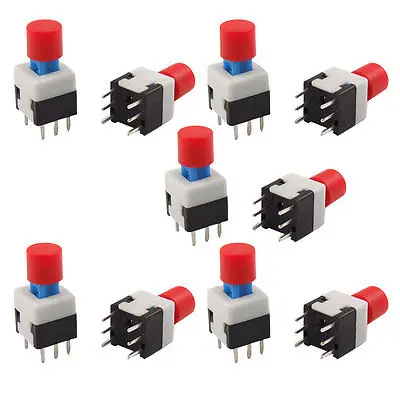 10 Pcs 8 x 8mm Red Round Cap Self Lock Push Button Tact Tactile Switch 6 Pin PCB