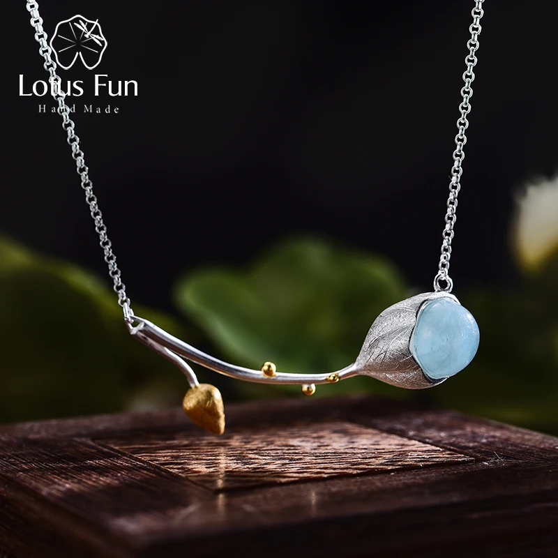 Lotus Fun Real 925 Sterling Silver Natural Stone Handmade Designer Fine Jewelry Elegant Lotus Buds Necklace for Women