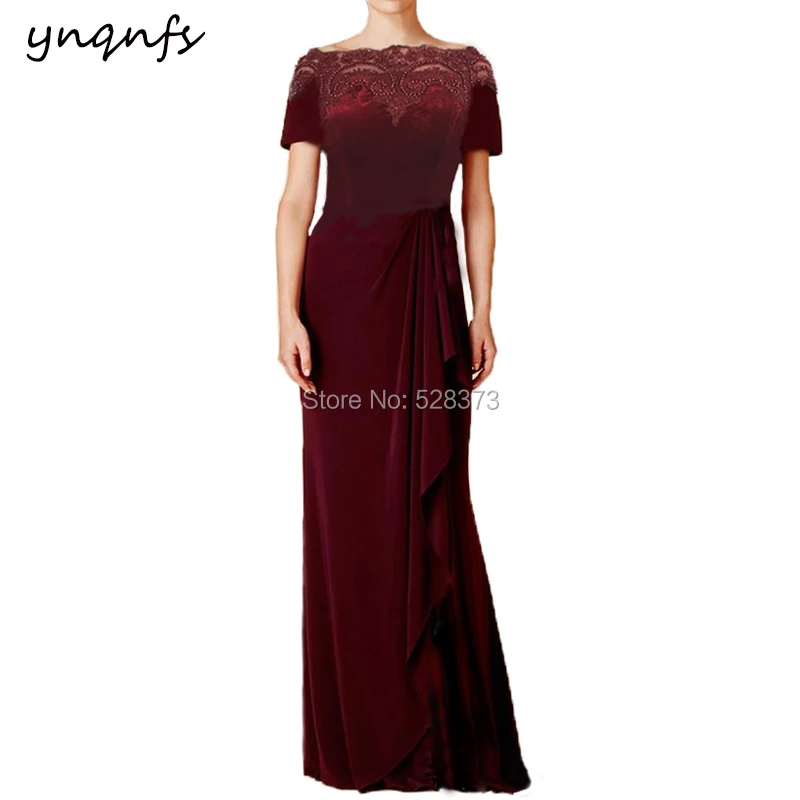 YNQNFS Long Party Dress Guest Wear Elegant Formal Dress Velvet Burgundy Mother of the Bride Dresses with Sleeves MD332