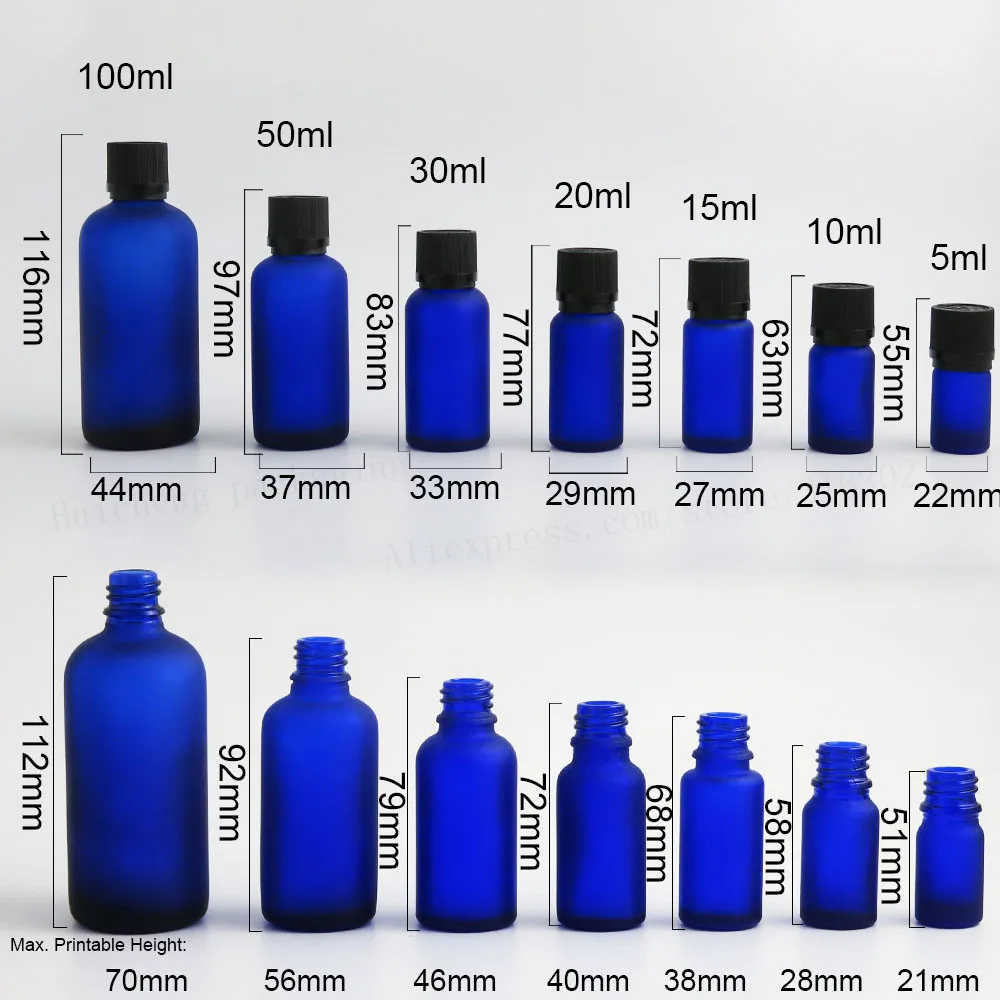 5ml 10ml 15ml 20ml 30ml 50ml 100ml Frost blue glass bottle Mini glass essential oil bottle with Tamper Evident Lids 12pcs