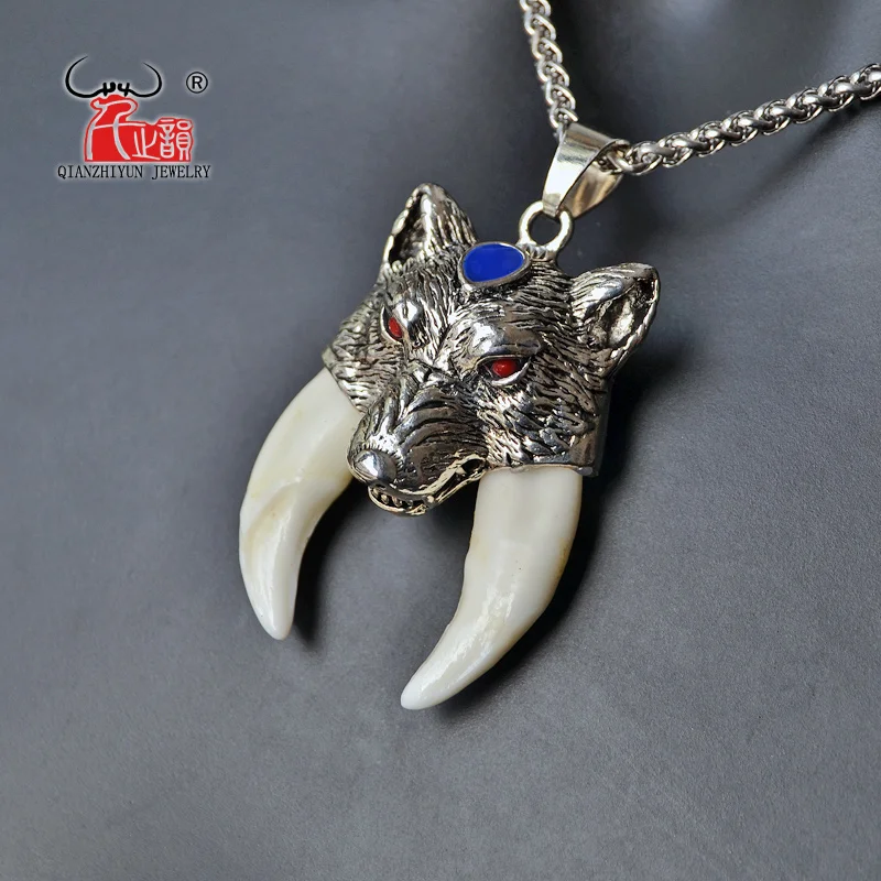 YX002 Men\'s Bone Pendant Necklace Stainless Steel Necklace Tibetan Amulet Fangs Real Natural Tooth Vintage Wolf Tooth Charm