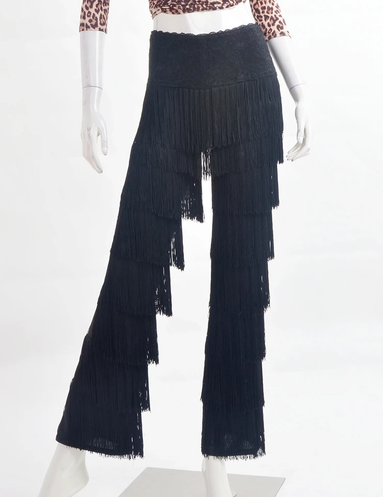 Latin dance eight layers of two thickness tassel pants lace waist P11001 flares trousers