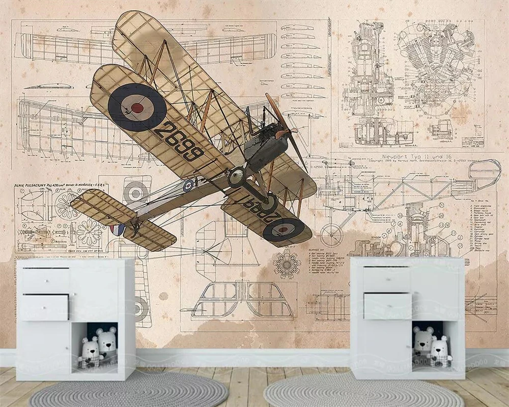 

Custom size Wallpaper cartoon retro aircraft flying mural boy room decoration self-adhesive relief material 3D Wallpaper Murals