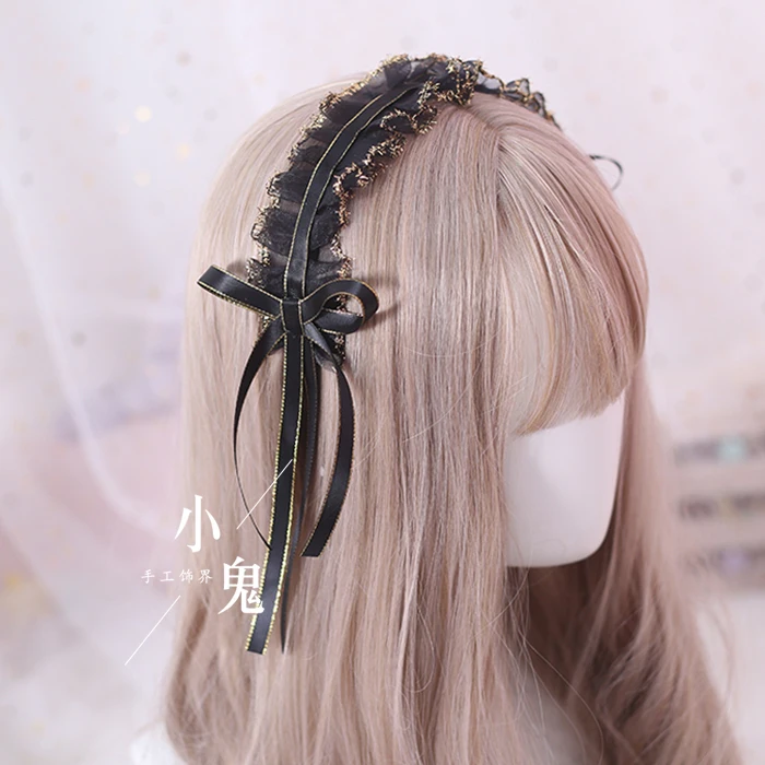 Gothic Dark สไตล์ Lolita Bow Headband ริบบิ้นลูกไม้โบว์อุปกรณ์เสริมผม Loli Headwear ผู้หญิงแถบคาดศีรษะ9สี