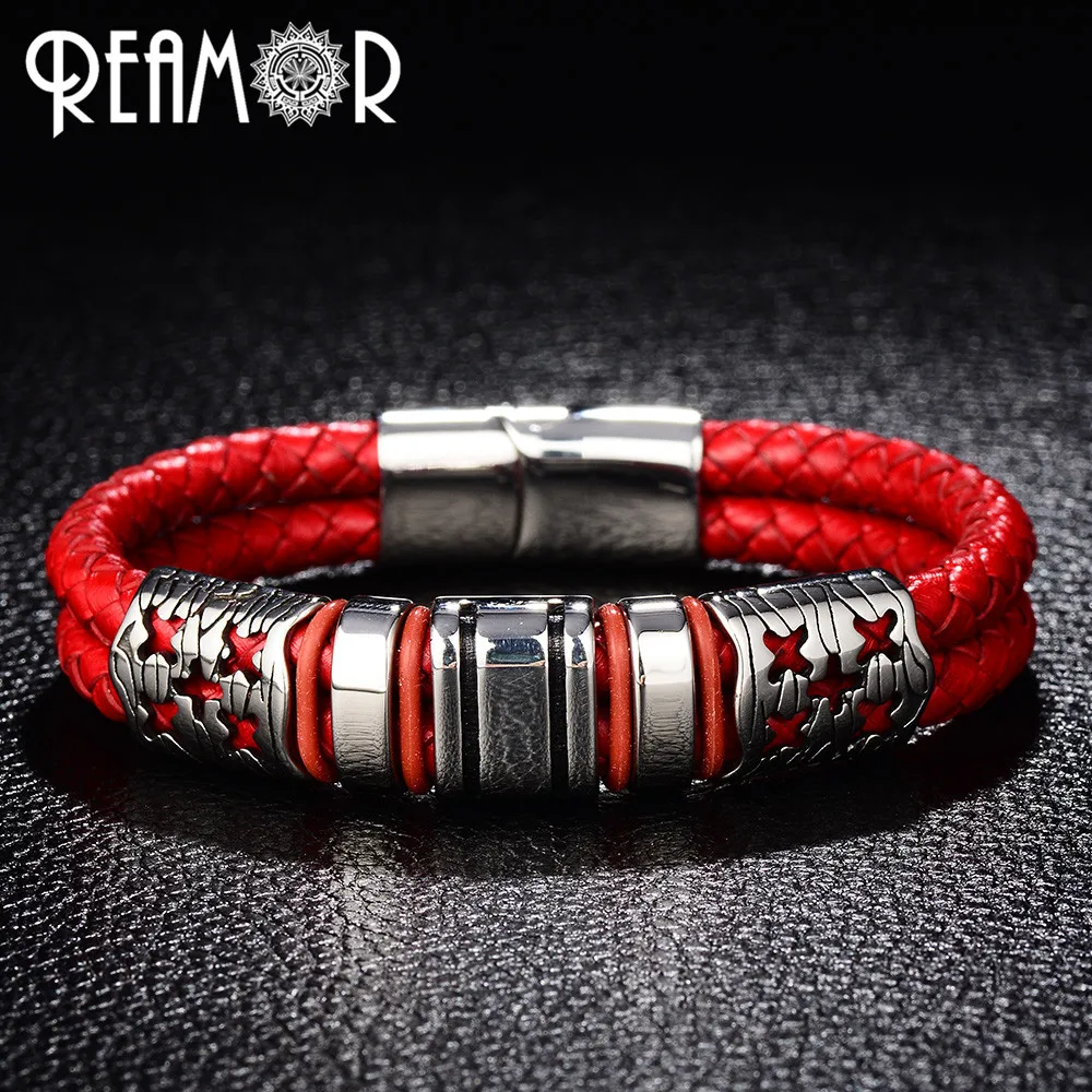 REAMOR 5pc Stainless Steel Double Hole Stripe Bead 12*6mm Flat Big Hole Spacer Beads For Men Leather Bracelet DIY Jewelry Making