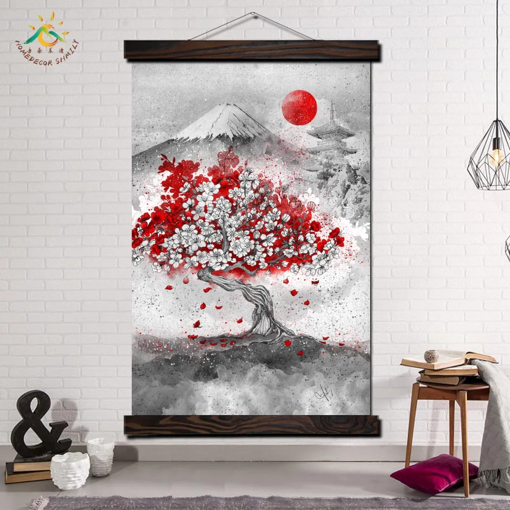 

Modern Wall Art Canvas Framed Posters and Prints Scroll Painting Pictures for Living Room Mount Fuji Cherry Tree