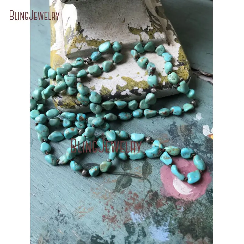 

Southwest Boho Turquoises Gem Stone Blue Rustic Glam Hand Knot Thai Silver Plated Beads Necklace NM15543