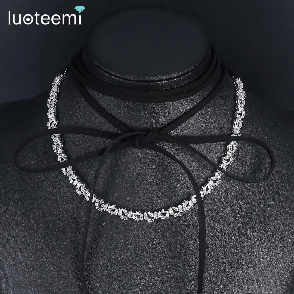 

LUOTEEMI 2017 New Arrival Irregular Sparkling Cubic Zirconia CZ With Long Suede Choker Necklaces for Women Jewellery Gift