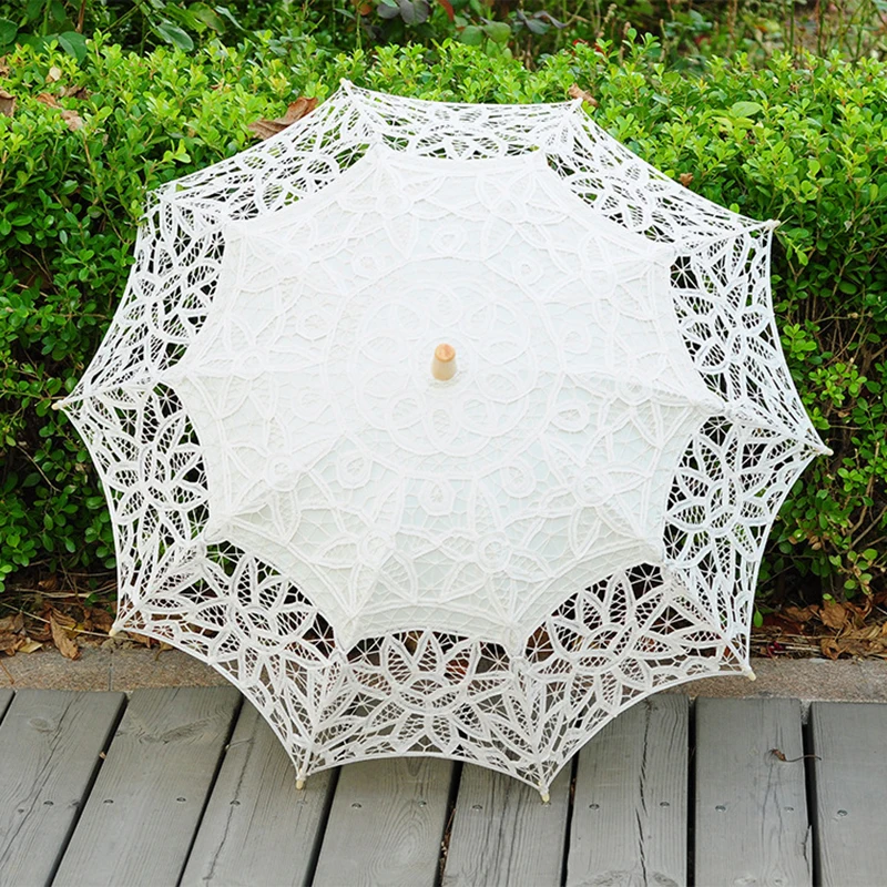 2024 Summer Vintage Lace Umbrella Parasol For Birde High Quality Lace Wood Handle Womens Wedding Sun Umbrella Sombrillas Boda