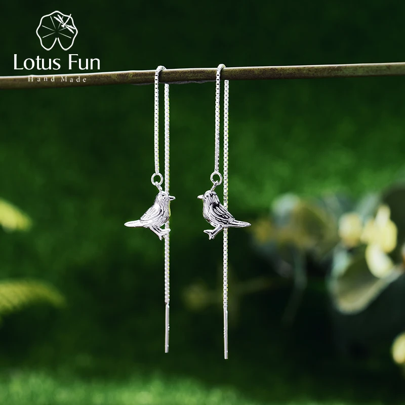 Lotus Fun Real 925 Sterling Silver Natural Original Handmade Fine Jewelry Interesting Cute Bird Drop Earrings for Women Brincos