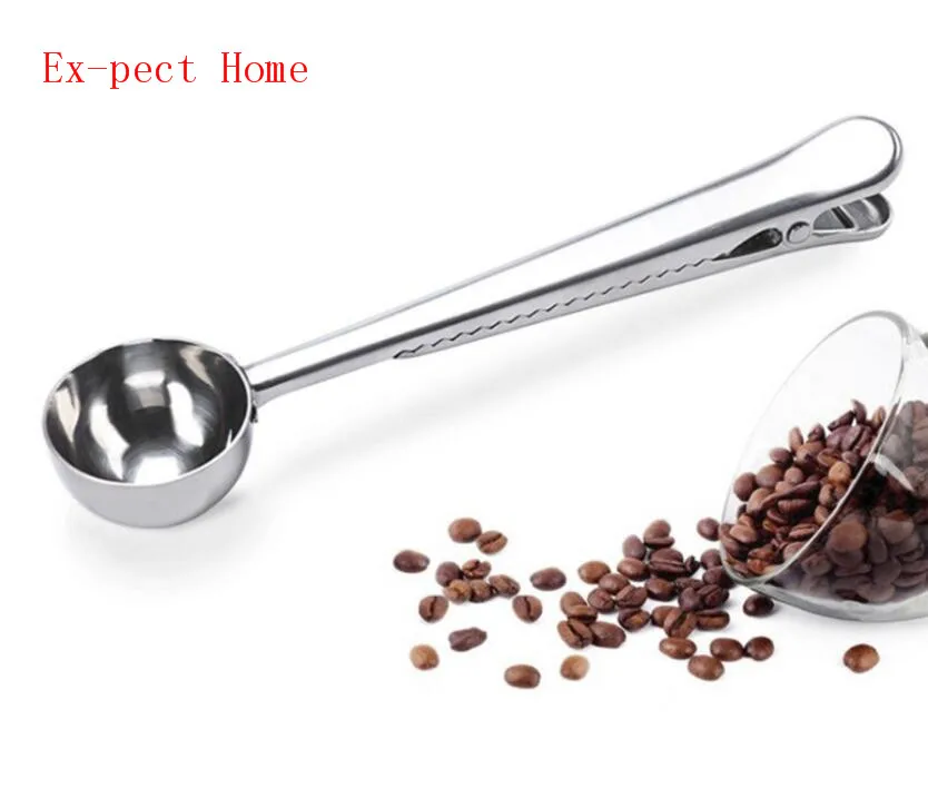 

200 pcs New Arrive Stainless Steel Ground Coffee Measuring Scoop Spoon With Bag Seal Clip Silver