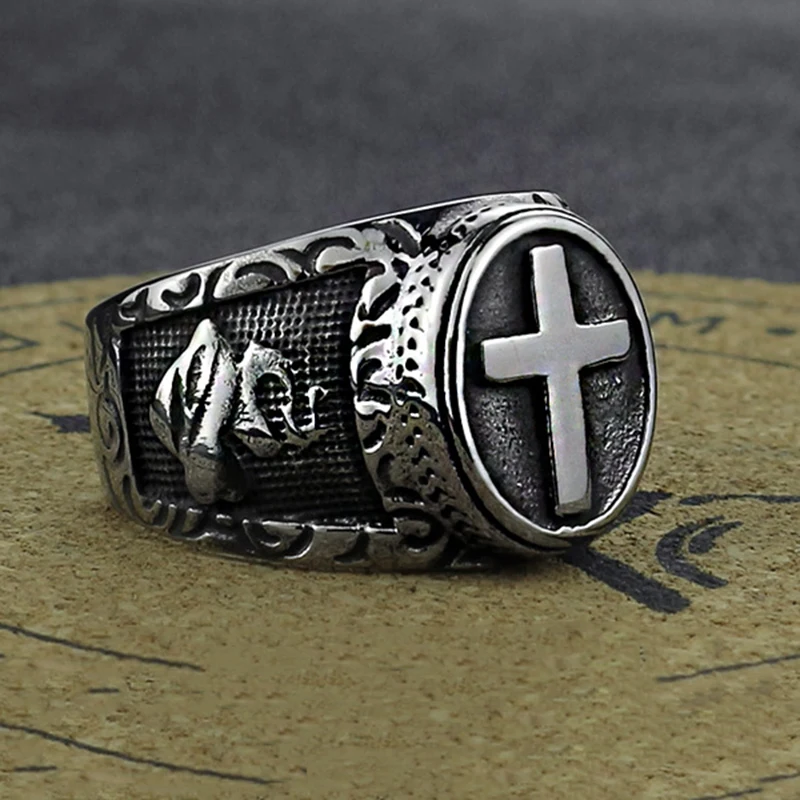 Titanium Steel Cross Red Shield Man Ring Templar Crusade Cross Ring Medieval Signet Retro Vintage Punk Finger Rings