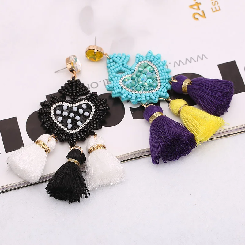 Sehuoran Bohemian Drop Earrings For Women Wedding Tassel Earrings Jewelry Heart Pendant Fringed BeadsHandmade Brand Design