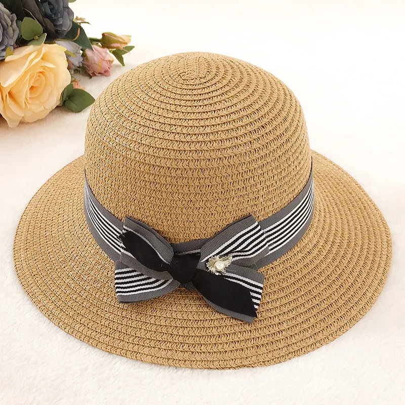 Women Sun Hat New Korean Striped Ribbon Pearl Basin Hats Spring and Summer Lady Sun Shade Cap Tourist Beach Sunscreen Caps H039