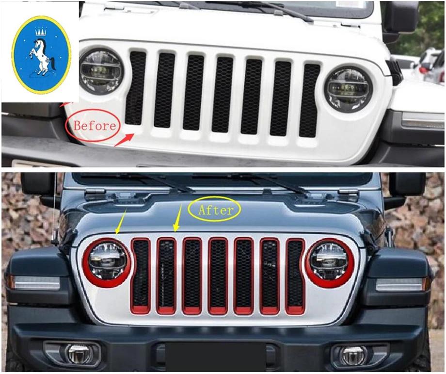 

Yimaautotrims Auto Accessory Front Head Lights Lamp Ring & Front Grille Grill Frame Cover Trim For Jeep Wrangler JL 2018 - 2020