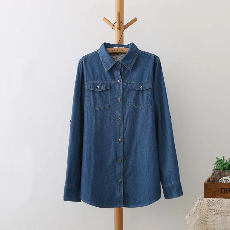 Lente Herfst Koreaanse Grote Maat Vrouwen Denim Shirt Vrouwelijke Lange Mouw Effen Kleur Cowboy Blouse Katoen