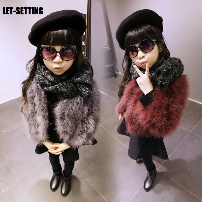 New Winter Warm Solid Fur Coat Long Sleeve Plus Size 100% Natural Ostrich Girls Outerwear Kid Jacket boys and girl real fur vest