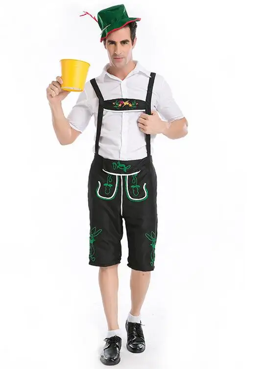 German Beer Bavarian Guy Lederhosen Oktoberfest Mens Fancy outfits Costume S-2XL Hat,Shirt Pant