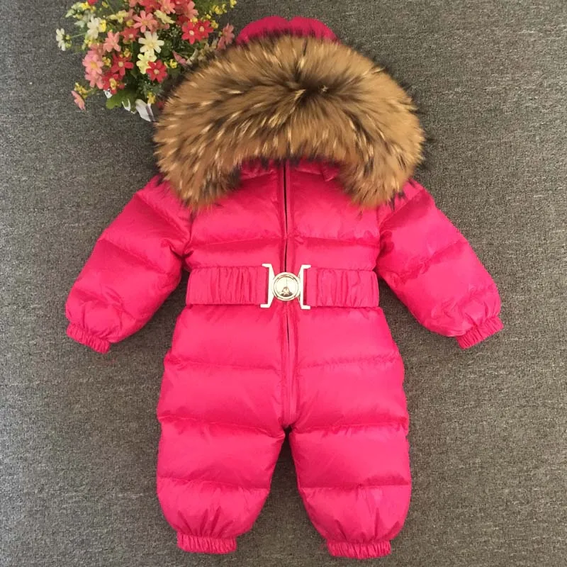 Inverno russo meninos meninas 1-5y macacão de inverno do bebê macacão pato para baixo macacão gola de pele real crianças outerwear crianças snowsuit