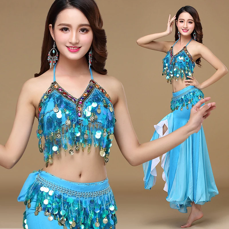 10 Colors Belly Dance Skirt Costume Women Uniform Coins Tops for Slim Gilrs Bellydance Sequins Beaded Outfits Bra Belt Skirt