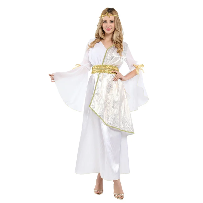 HUIHONSHE Adult Women Halloween Cosplay Costume White Long Dress Athena Empress Queen of the Arabian Princess Dress Costumes