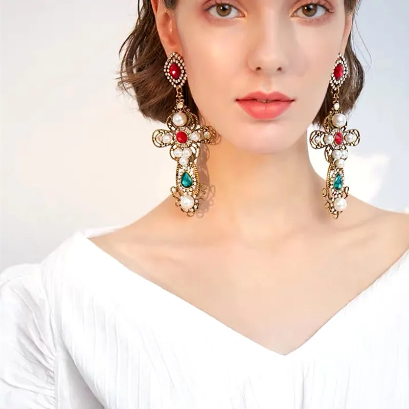 Vintage Baroque Style Inmitation Pearls Big Cross Dangle Earrings for Women Jewelry Hot Sale Classic Statement Accessories