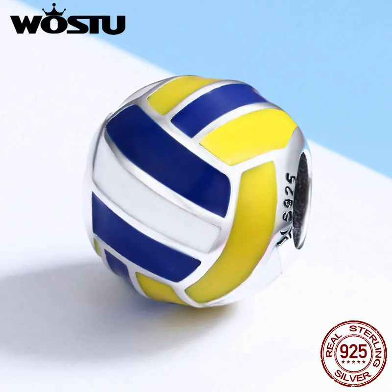 WOSTU 100% 925 Sterling Silver Volleyball Love Sport Ball Charm Beads fit Original Charm Bracelet DIY Jewelry Making FIC448