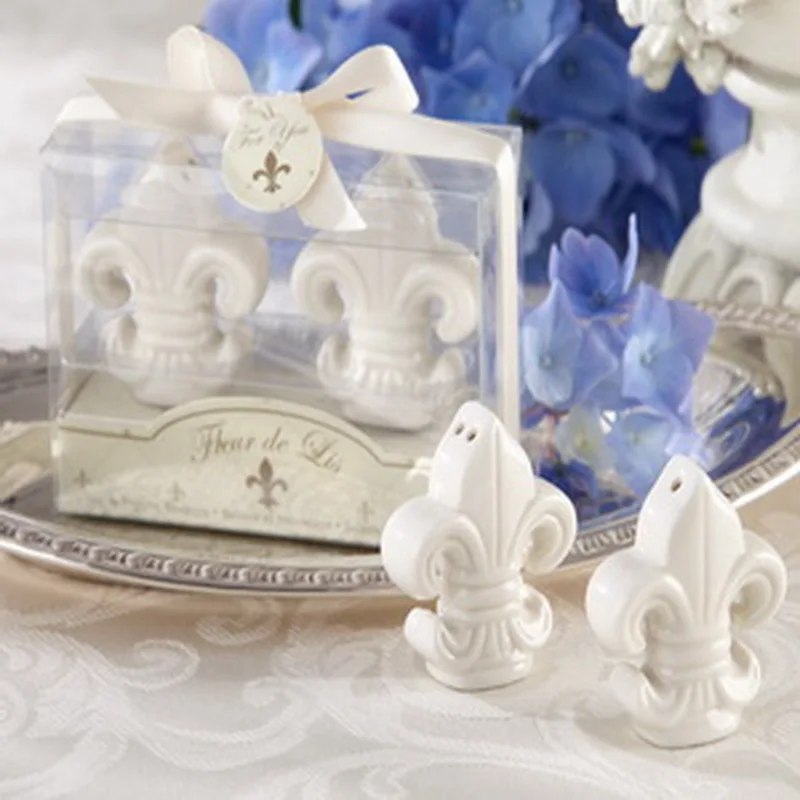 

12sets Kitchen Wedding Favors"Fleur-de-Lis" Salt and Pepper Shakers Ceramic Seasoning Pot Bridal Shower Favor