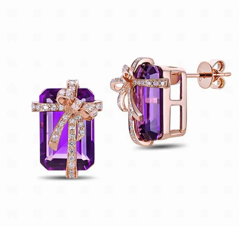 CaiMao 14KT/585 Rose Gold 10.2 ct Natural Amethyst & 0.3ct Full Cut Diamond Engagement Gemstone Earrings Jewelry