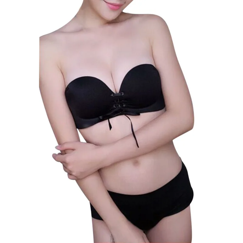 Sexy Solid Women Underwear Sexy Lingerie Corset Push Up Paste Bra Wire Free Bra Invisible Strapless Lace Up Seamless 1/2 Cup