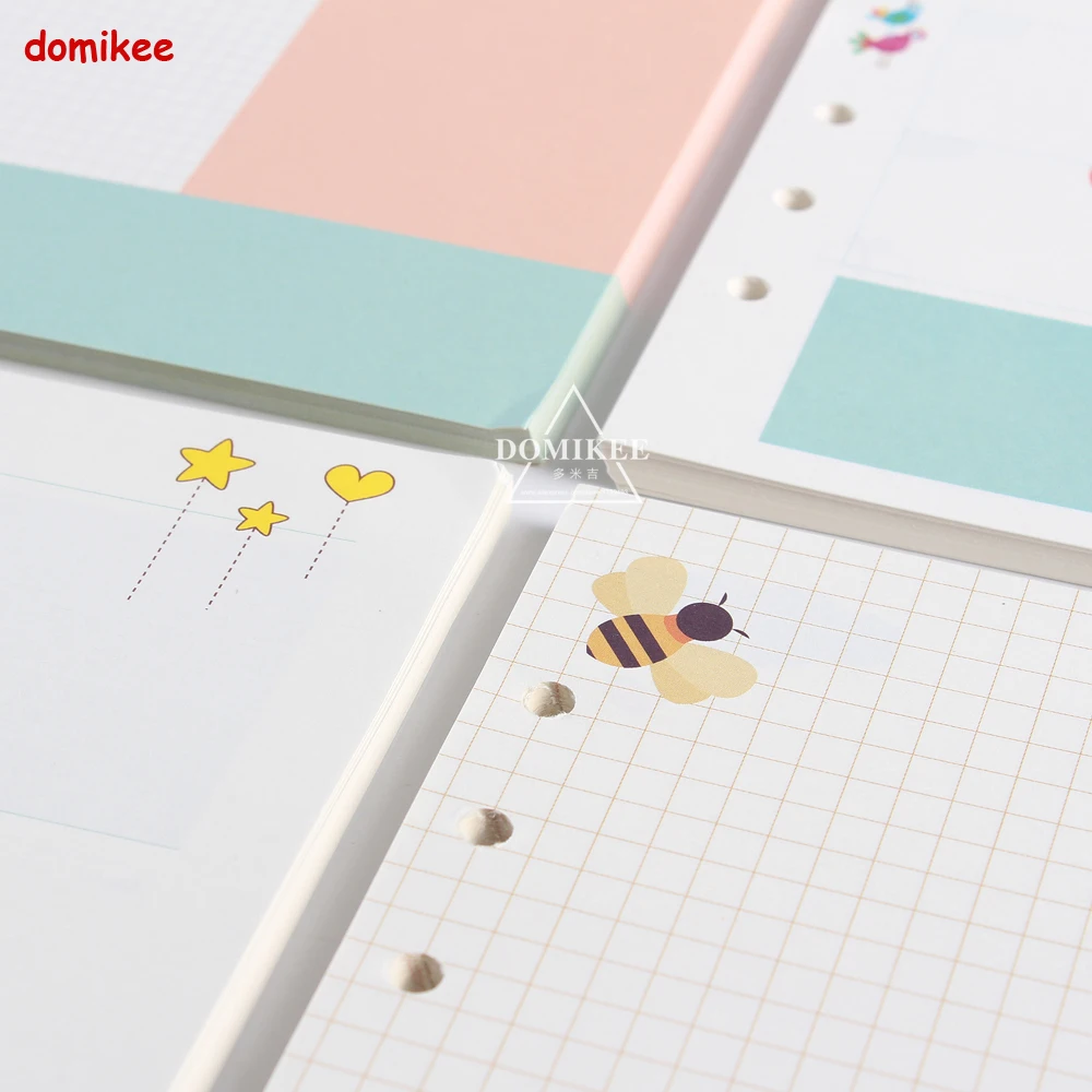 Cute 6 holes replacement inner paper core for spiral notebook:daily weekly monthly planner line grid dots list stationery A5 A6