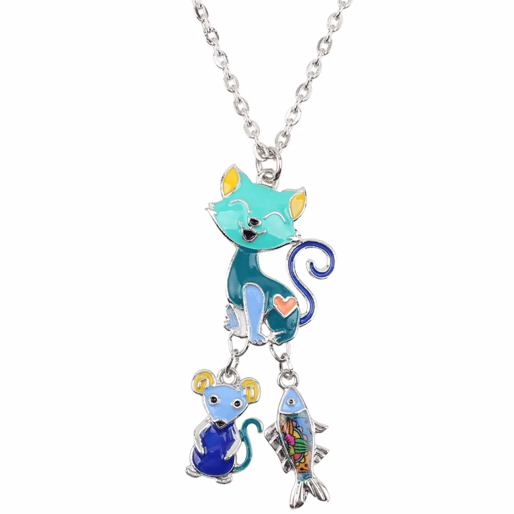 Bonsny Statement Chain Enamel CAT Mouse Fish Cartoon Necklace Pendant Fairy Tale Fashion Jewelry For Women Girl Kids Gift Charms