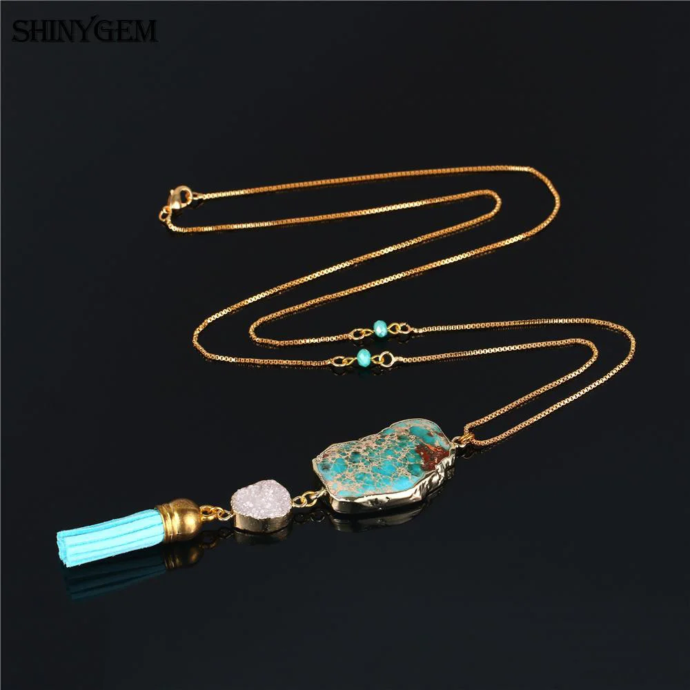 

ShinyGem Irregular Light Blue Natural Sea Sediment Stone Crystal Druzy Gold Plating Tassel For Women Sweater Necklaces