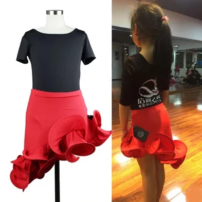 Girls Latin Dance Skirt Practice Kids Child Red Standard Ballroom/Tango/Rumba/Samba/ Salsa Latin Ruffle Skirt