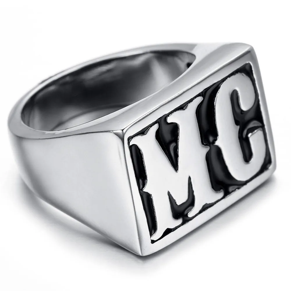 Punk Black Silver color Tone Carved Letter MC Signet Rock N Roll Mens Boys 316L Stainless Steel Ring