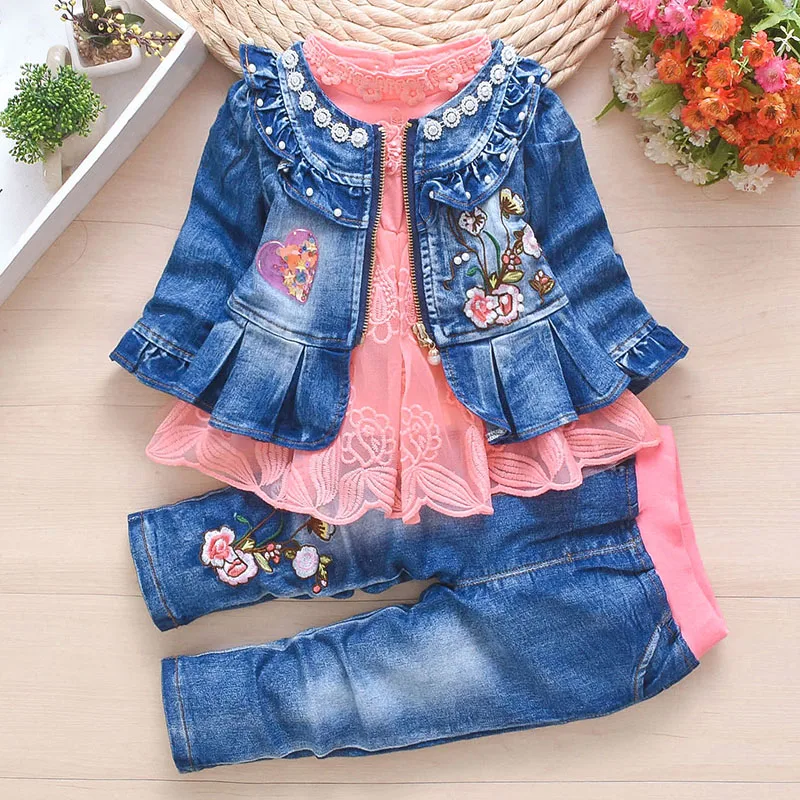 Spring Autumn Infant Baby Girl Denim Clothing Sets 3 pcs Long Sleeve T Shirt Dress Tops Denim Jacket and Jeans Trousers Pants