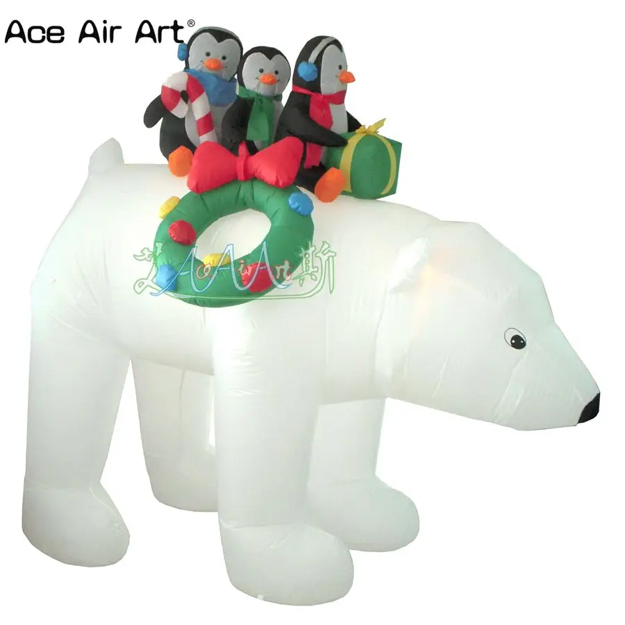 Lighted Inflatable Party Decorations 3 Penguins Sitting on Christmas Polar Bear Model for Advertising