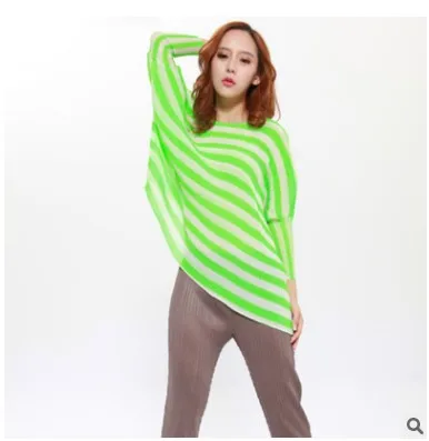 

HOT SELLING Miyake pleated clothing O-neck three quarter loose stripe betwing sleeve ruffle top female T-shirt IN STOCK