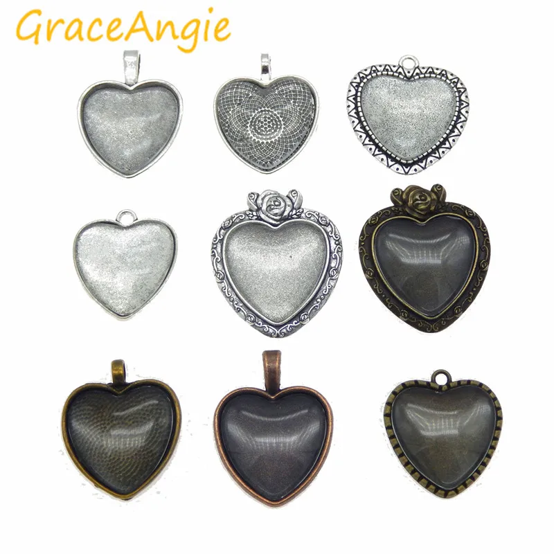 GraceAngie 9set/pack Assorted Heart Setting Tray Bezels for photo pendant jewelry with Glass Cover Cabochon Accessories DIY