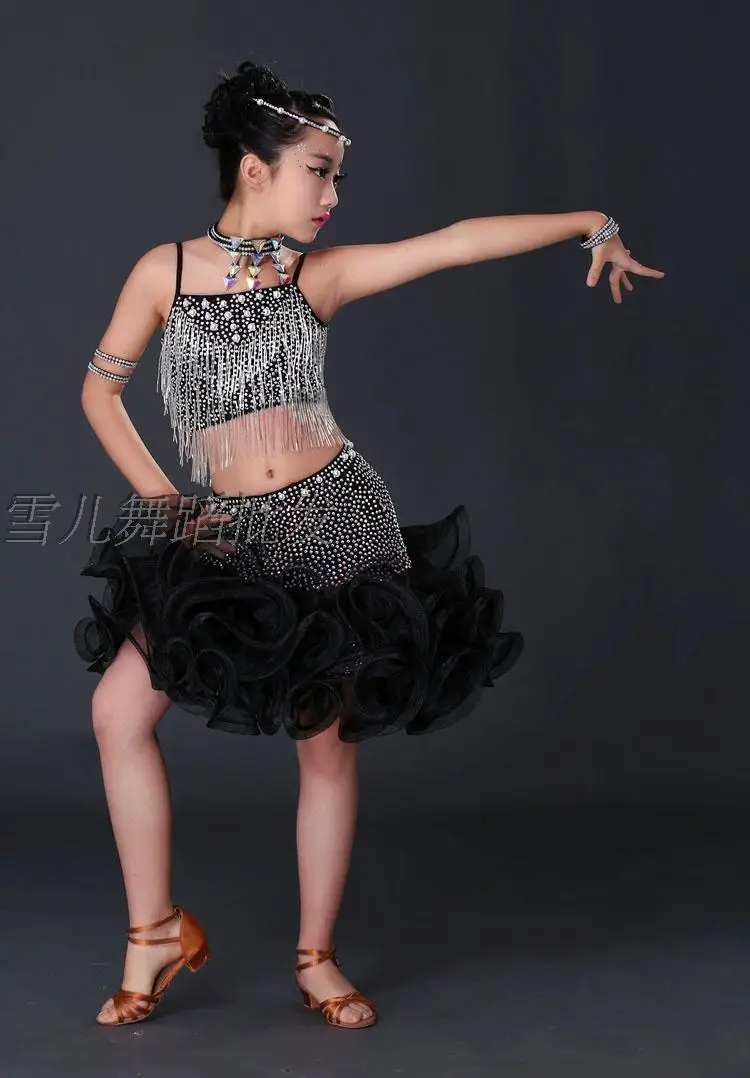 Professional Diamond Latin Dance Competition Clothing Child Performance Wear Full Rhinestone Latin dance tassel Latin dress