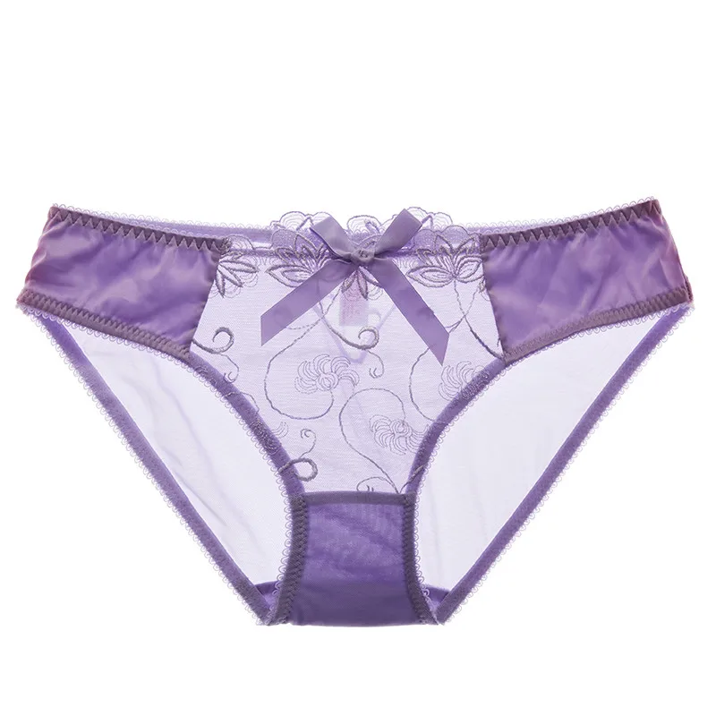 Fashion Purple Sexy Panties For Girl Transparent Underwear Women Plus Size L XL Embroidery Lace Briefs Bow Black Breathable