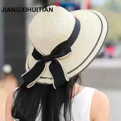 Sun Hat Big Black Bow Summer Hats For Women Foldable Straw Beach Panama Hat Visor Wide Brim Femme Female 2018 New