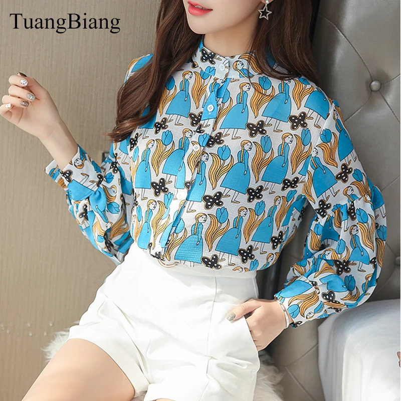 2019 New Print Vintage Loose Stand Collar Chiffon Blouses Women Lantern Sleeve Office Work Wear Shirts Elegant Tops Mujer Blusa