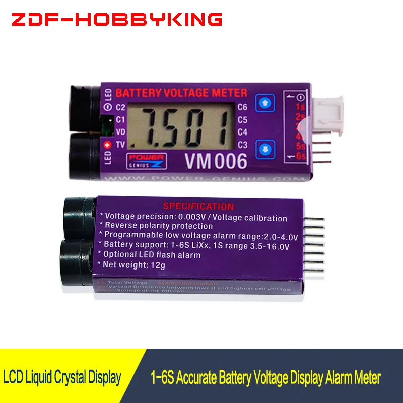 1pcs VM006 1-6S LiPo Battery Accurate Battery Voltage Meter LCD Liquid Crystal Display Alarm